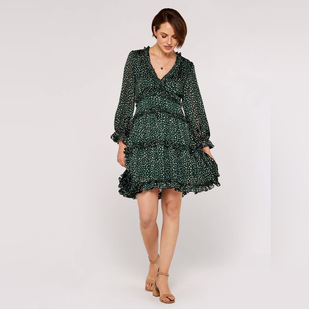 Dot Print Satin Dress with Ruffle Details
